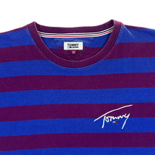 Load image into Gallery viewer, TOMMY JEANS Tommy Hilfiger Embroidered Mini Script Logo Blue Burgundy Striped T-Shirt
