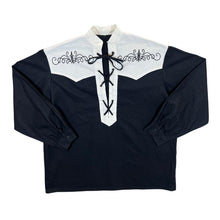 Load image into Gallery viewer, Vintage Embroidered Western Style Black White Lace-Up Ramie Cotton Long Sleeve Smock Shirt
