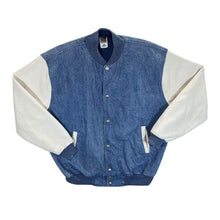 Load image into Gallery viewer, Vintage 90&#39;s BORN TO ROAM Trucker Wolf Biker Graphic Denim Varsity Bomber Jacket

