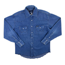 Load image into Gallery viewer, Vintage Wrangler Cowboy Western Pearl Snap Popper Blue Denim Long Sleeve Cotton Shirt

