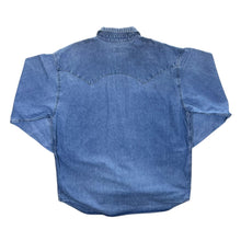 Load image into Gallery viewer, Vintage Lee &quot;Western Clothes&quot; Cowboy Pearl Snap Popper Blue Denim Long Sleeve Shirt
