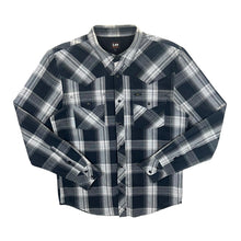 Load image into Gallery viewer, Vintage LEE Cowboy Western Black White Grey Plaid Check Popper Long Sleeve Shirt
