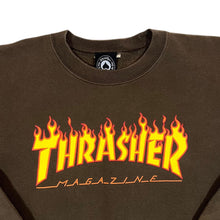 Load image into Gallery viewer, Thrasher Magazine Classic Flaming Skate Spellout Graphic Brown Crewneck Sweatshirt

