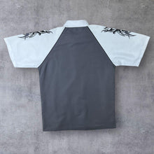 Load image into Gallery viewer, Early 00's Identic Goth Y2K Tribal Graphic Grey White Polyester Shirt
