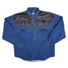 Load image into Gallery viewer, Vintage Men&#39;s Company Cowboy Western Brown Faux Leather Panel Blue Denim Shirt
