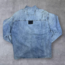 Load image into Gallery viewer, Vintage Cowboy Western Acid Wash Blue Denim Black Panel Popper Long Sleeve Shirt
