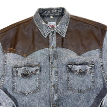 Load image into Gallery viewer, Vintage ARIZONA JEANS Leather Panel Cowboy Western Acid Wash Denim Long Sleeve Shirt
