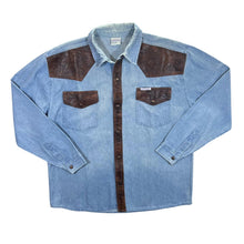 Load image into Gallery viewer, Vintage Yacary Cowboy Western Popper Leather Panel Blue Denim Long Sleeve Shirt
