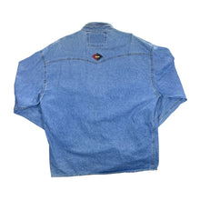 Load image into Gallery viewer, Vintage SHOOTER Leather Panel Cowboy Western Denim Long Sleeve Shirt
