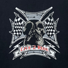 Load image into Gallery viewer, LIVE 2 RIDE Gothic Biker Racing Flag Skull Spellout Graphic T-Shirt
