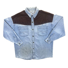 Load image into Gallery viewer, Vintage Cowboy Western Brown Leather Panel Blue Denim Popper Long Sleeve Shirt
