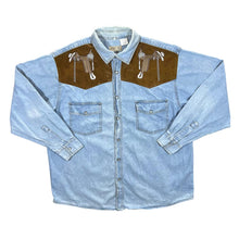 Load image into Gallery viewer, Vintage John F. Gee Cowboy Western Embroidered Blue Denim Popper Long Sleeve Shirt
