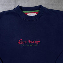 Load image into Gallery viewer, Vintage Paco Design &quot;Life In Colour&quot; Embroidered Spellout Navy Blue Crewneck Sweatshirt
