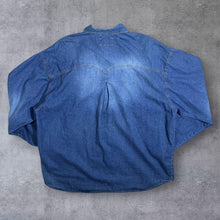 Load image into Gallery viewer, Vintage Stockerpoint Cowboy Western Blue Denim Brown Leather Panel Popper Long Sleeve Shirt
