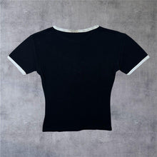 Load image into Gallery viewer, Totty Highflyer Y2K Graphic Spellout Parody Ringer Black T-Shirt
