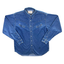 Load image into Gallery viewer, Schaefer Outfitter Made In USA Cowboy Western Blue Denim Popper Long Sleeve Shirt
