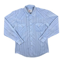 Load image into Gallery viewer, Vintage The Western Fair &quot;Lott, Texas&quot; Cowboy Western Blue Striped Long Sleeve Popper Shirt
