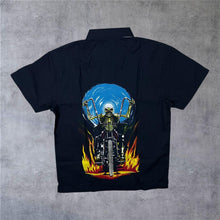 Load image into Gallery viewer, Fried Water Gothic Horror Flaming Biker Skeleton Graphic Black Shirt
