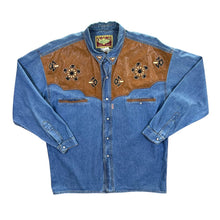 Load image into Gallery viewer, Vintage Shooter Cowboy Western Leather Panel Blue Denim Long Sleeve Popper Shirt
