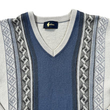 Load image into Gallery viewer, Vintage 90&#39;s GABICCI Blue Grey Grandad Patterned V-Neck Acrylic Wool Knit Sweater Jumper
