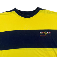Load image into Gallery viewer, Vintage Poco Loco Embroidered Logo Navy Blue Yellow Colour Block Striped T-Shirt
