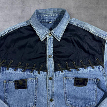 Load image into Gallery viewer, Vintage Cowboy Western Acid Wash Blue Denim Black Panel Popper Long Sleeve Shirt
