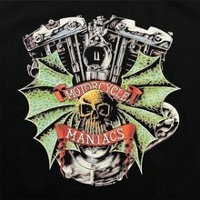 Load image into Gallery viewer, Motorcycle Maniacs (1995) Gothic Biker Skull Spellout Graphic Black T-Shirt
