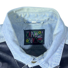 Load image into Gallery viewer, Vintage Capitol Embroidered Cowboy Western Blue Denim Cotton Popper Long Sleeve Shirt
