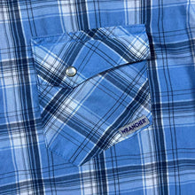 Load image into Gallery viewer, Vintage Wrangler "Wrancher" Blue Plaid Check Cowboy Western Popper Short Sleeve Shirt
