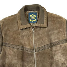 Load image into Gallery viewer, Vintage 80&#39;s EMOS GENUINE LEATHER Suede Leather Panel Acrylic Knit Zip Sweater Jumper
