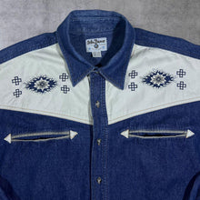 Load image into Gallery viewer, Vintage John Baner Cowboy Western Embroidered Native Blue Denim Long Sleeve Shirt
