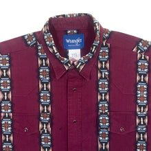 Load image into Gallery viewer, Vintage Wrangler Cowboy Western Patterned Burgundy Popper Long Sleeve Cotton Shirt
