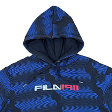 Load image into Gallery viewer, FILA Spellout Graphic Black Blue Patterned Pullover Hoodie
