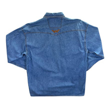 Load image into Gallery viewer, Vintage Shooter Cowboy Western Leather Panel Blue Denim Long Sleeve Popper Shirt
