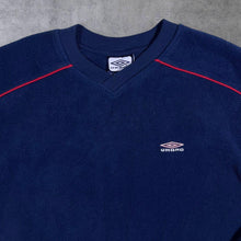 Load image into Gallery viewer, Early 00&#39;s Umbro Embroidered Mini Logo Navy Blue V-Neck Fleece Sweatshirt
