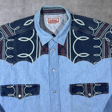 Load image into Gallery viewer, Vintage Dobber Cowboy Western Patterned Popper Blue Denim Long Sleeve Shirt
