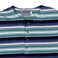 Load image into Gallery viewer, Vintage Station Blue White Multi Striped Short Sleeve Henley Button T-Shirt
