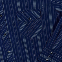 Load image into Gallery viewer, Vintage Wrangler "Wrancher" Navy Blue Striped Check Cowboy Western Popper Long Sleeve Shirt
