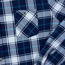 Load image into Gallery viewer, Vintage Blue Navy Blue White Plaid Check Long Sleeve Cotton Flannel Shirt

