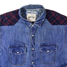 Load image into Gallery viewer, TTD Western Style Plaid Check Panel Blue Denim Popper Long Sleeve Shirt
