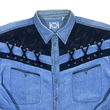 Load image into Gallery viewer, Vintage JACQUES LORANT Lace Panel Cowboy Western Style Long Sleeve Blue Denim Shirt
