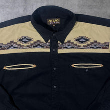 Load image into Gallery viewer, Vintage Atlas For Men Cowboy Western Embroidered Aztec Black Cotton Long Sleeve Shirt
