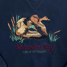 Load image into Gallery viewer, Vintage Thornton Bay "Great Outdoors" Embroidered Duck Spellout Navy Blue Sweatshirt
