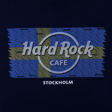 Load image into Gallery viewer, Hard Rock Cafe "Stockholm" Souvenir Flag Logo Graphic Navy Blue T-Shirt
