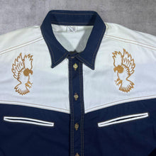 Load image into Gallery viewer, Vintage Cowboy Western Embroidered Bird Navy Blue White Long Sleeve Shirt
