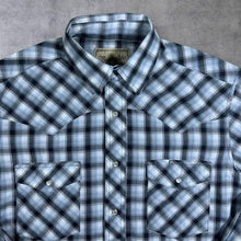 Load image into Gallery viewer, Vintage Wrangler Cowboy Western Black Blue White Plaid Check Popper Long Sleeve Shirt
