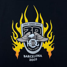 Load image into Gallery viewer, Early 00’s Harley Owners Group “Barcelona 2003” Flame Biker Graphic Black T-Shirt

