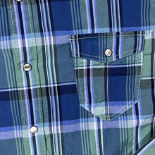 Load image into Gallery viewer, Public Opinion Cowboy Western Blue Green Plaid Check Long Sleeve Popper Shirt
