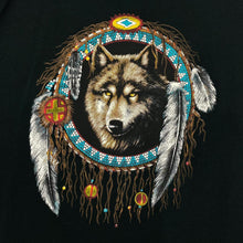 Load image into Gallery viewer, Vintage B&amp;C Wolf Native American Dream Catcher Graphic Black T-Shirt
