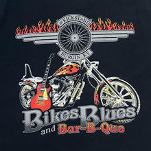 Load image into Gallery viewer, Early 00&#39;s THE KICKSTAND &quot;Burgin, KY&quot; Bikes, Blues and Bar-B-Que Souvenir Biker Graphic T-Shirt
